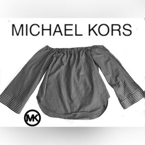 Michael Kors Blue and White Striped Off-Shoulder Blouse